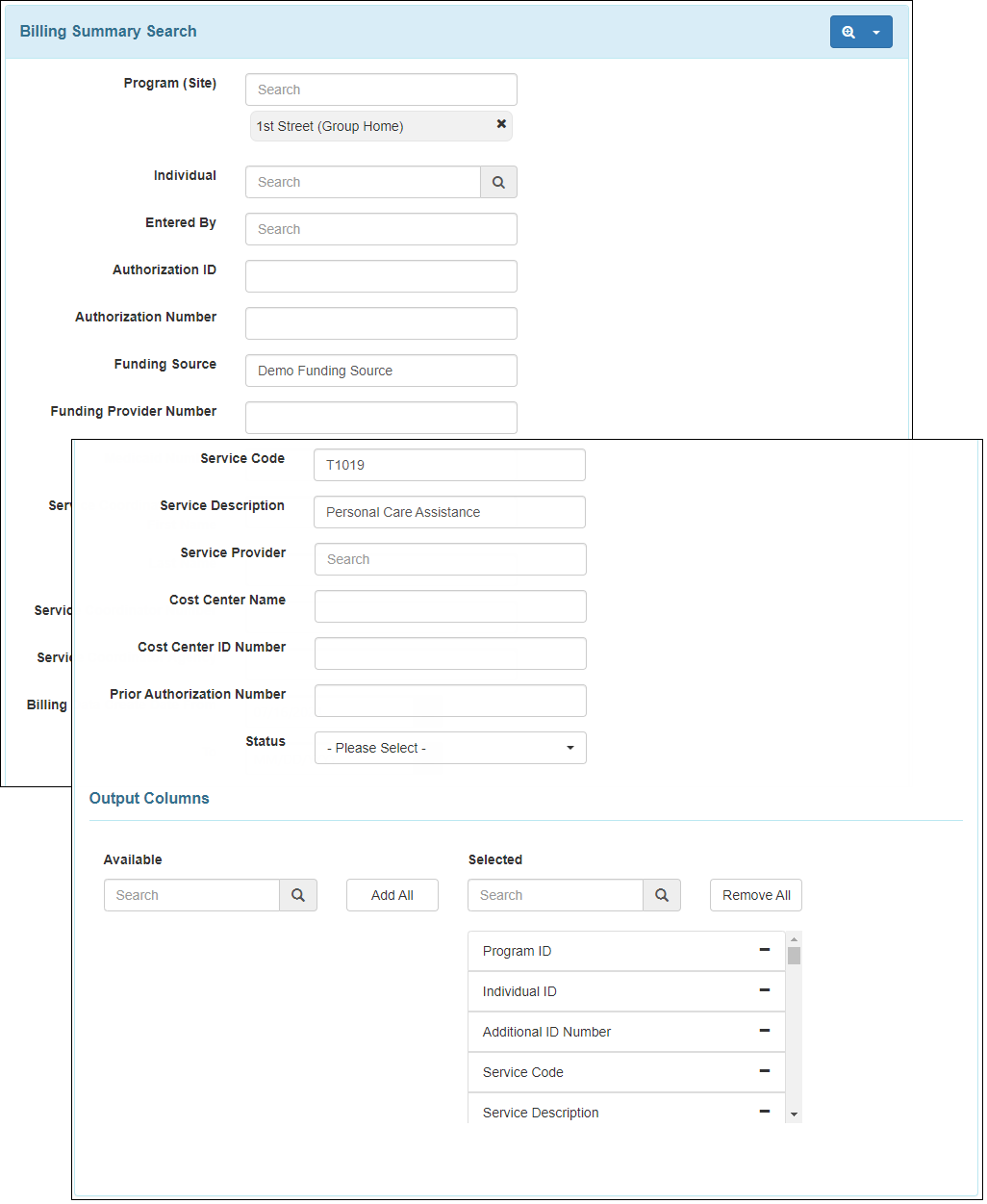 Screenshot showing applied Quick Search parameters on the Billing Summary Search page