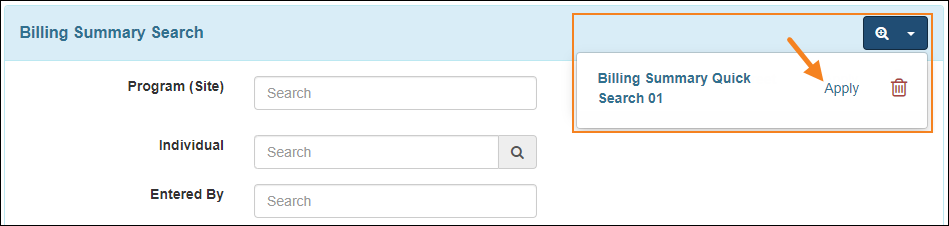 Screenshot showing created Quick Search on the Billing Summary Search page