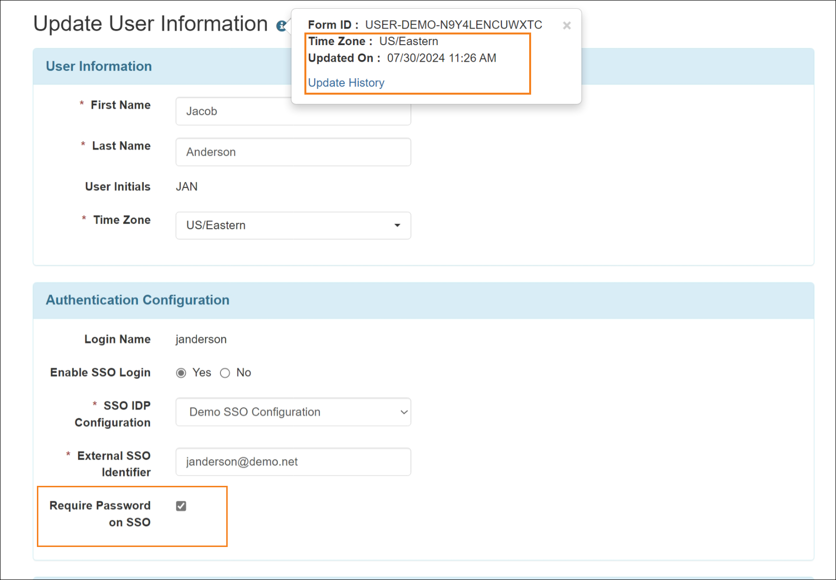 Screenshot showing the 'Update User Information’ page