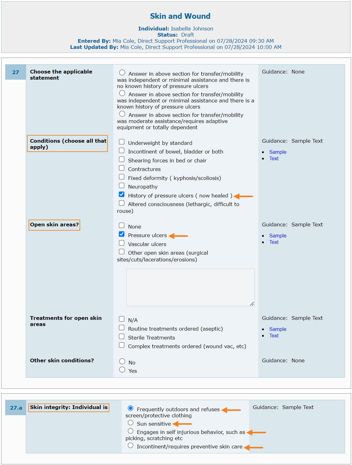 Screenshot of the fields on the Skin and Wound page