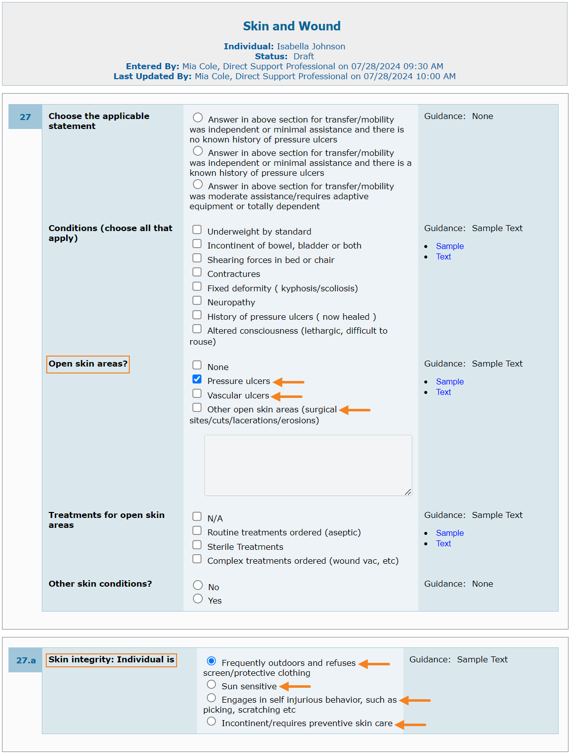 Screenshot of the fields on the Skin and Wound page