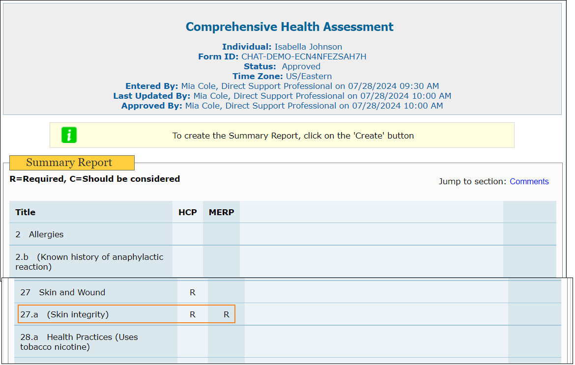 Screenshot of the Skin Integrity row on the eCHAT Summary Report