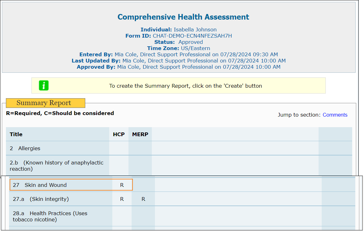 Screenshot of the Skin and Wound row on the eCHAT Summary Report