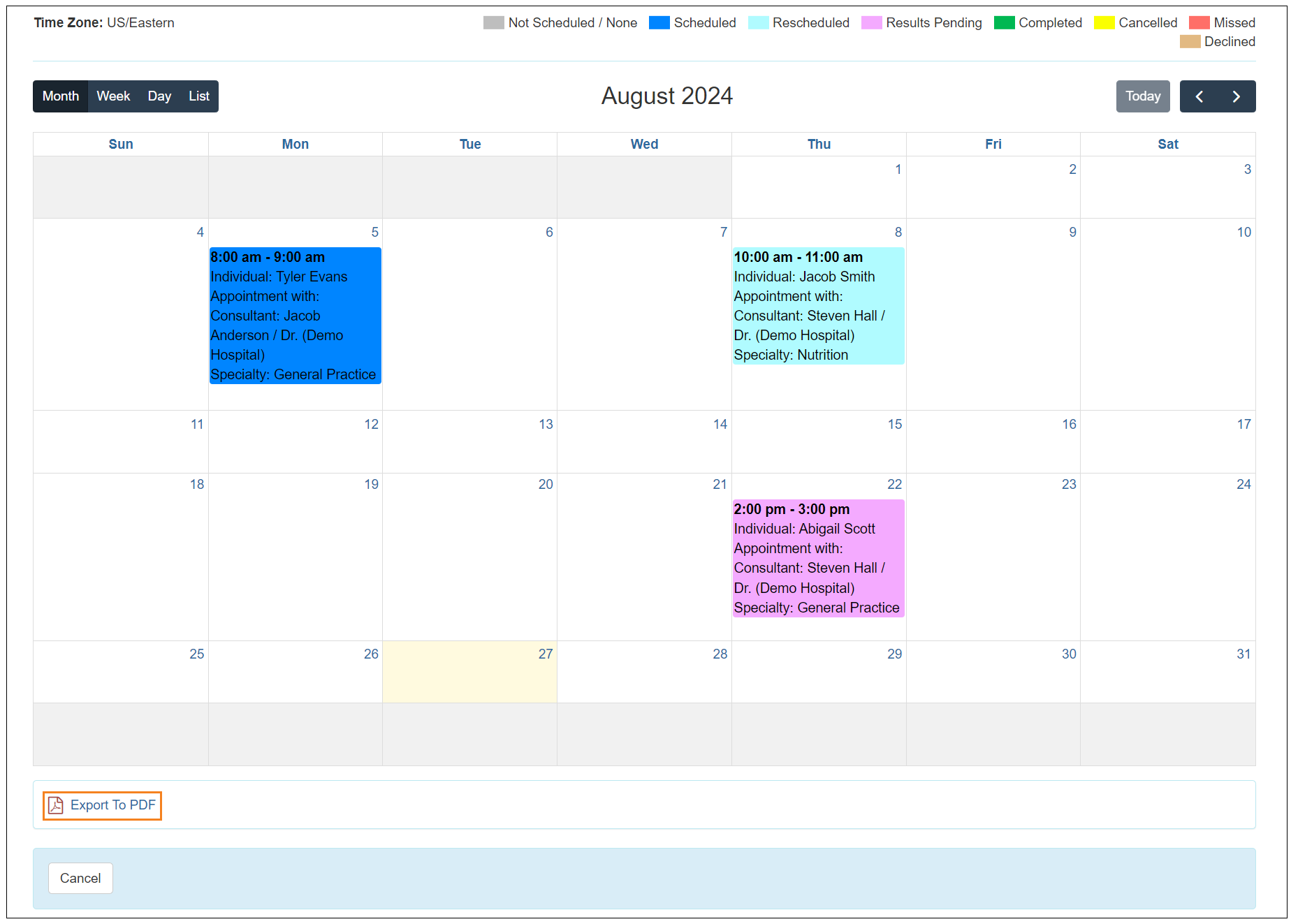 Screenshot showing the Export to PDF link in the 'Appointments Calendar View' page.