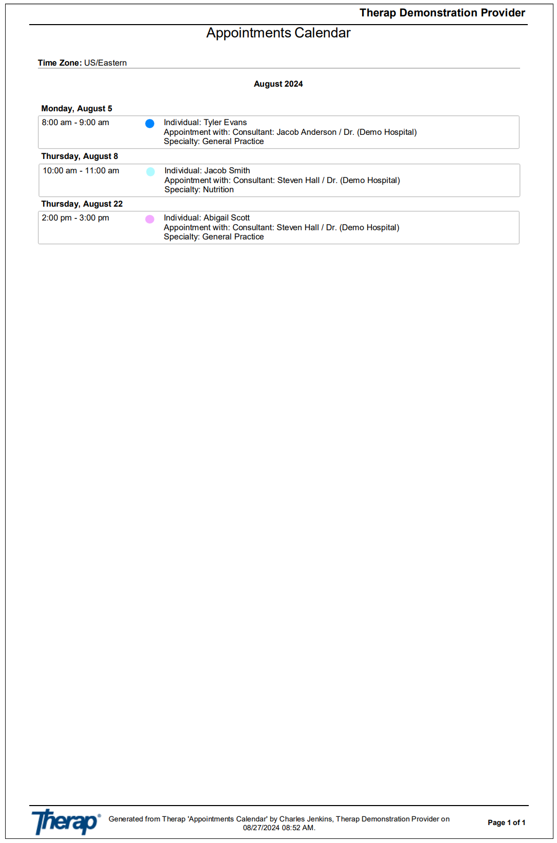 Screenshot showing the Exported PDF of the Appointments Calendar.