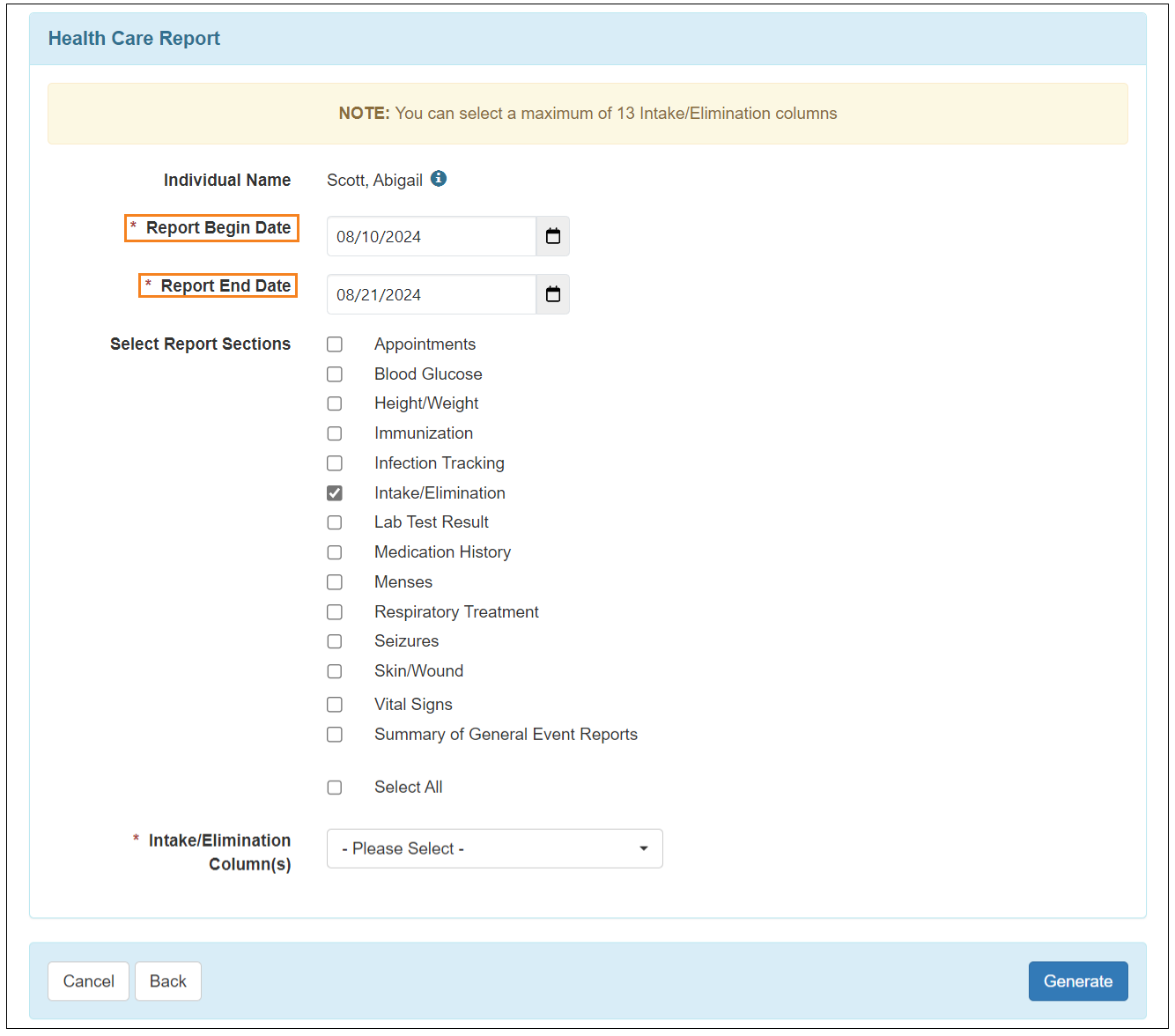 Screenshot showing the Report Begin Date and Report End Date fields in the Health Care Report criteria page.