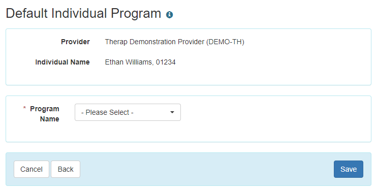 A screenshot of the Default Individual Program form after the individual is discharged from the Default Individual Program.