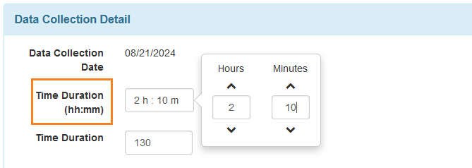 Screenshot of the Time Duration (hh:mm) field on the ISP Data Collection page