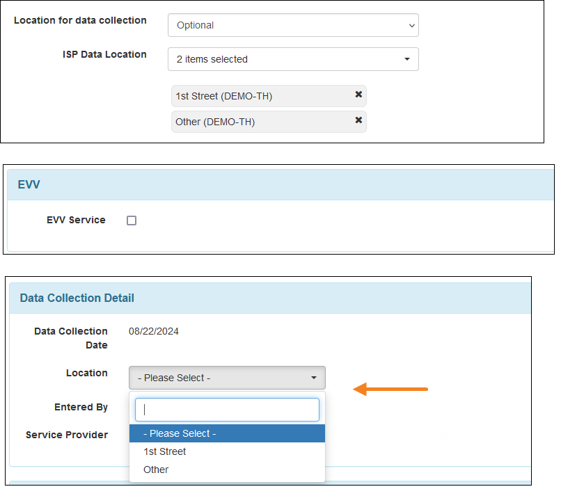 Screenshot of the Location field on the ISP Data Collection page linked to EVV