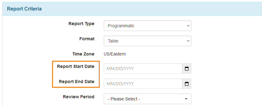 Screenshot of the Report Criteria page for Programmatic Report