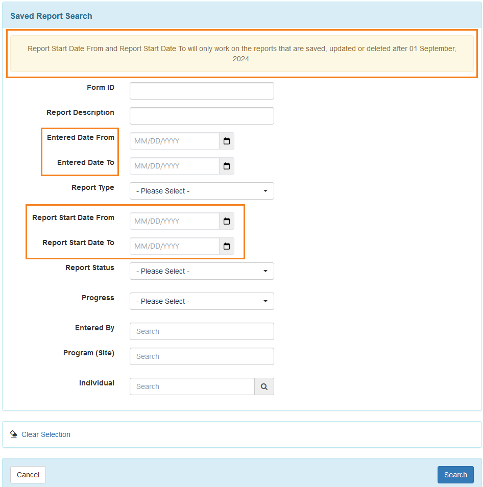 Screenshot of the Saved Report Search page