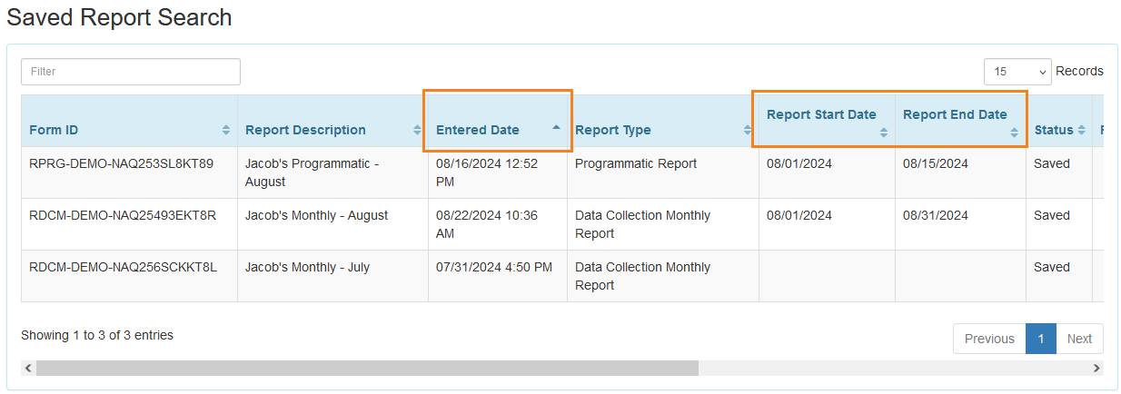 Screenshot of the Saved Report Search results page
