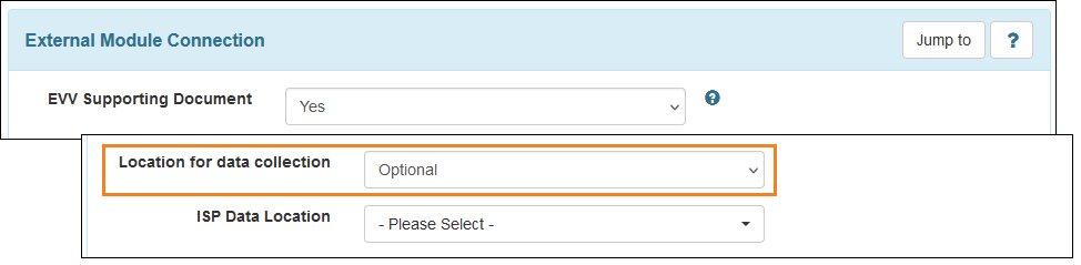 Screenshot of the Location for data collection field in an ISP Program linked to EVV