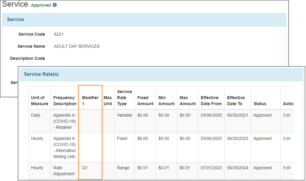 Screenshot of the Modifier 1 column highlighted on the Service form
