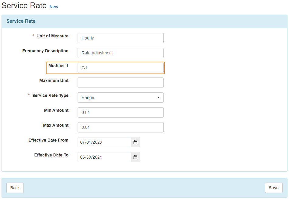 Screenshot of the new Modifier 1 field on the Service Rate form