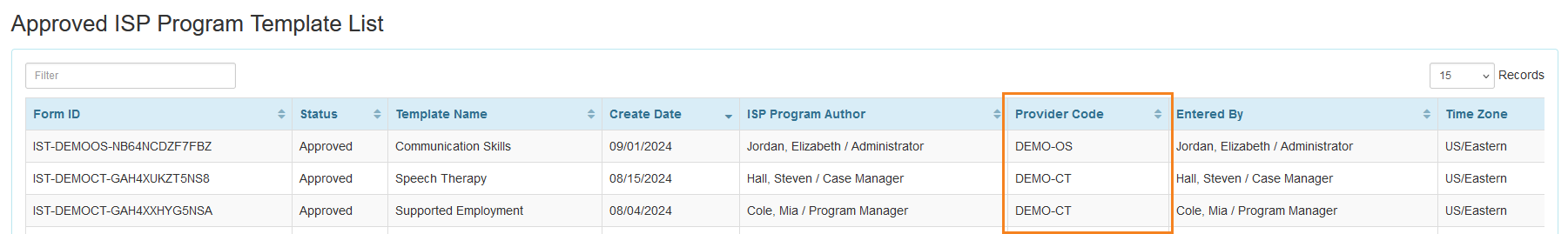 Screenshot of the Approved ISP Program Template List page showing Provider Code column