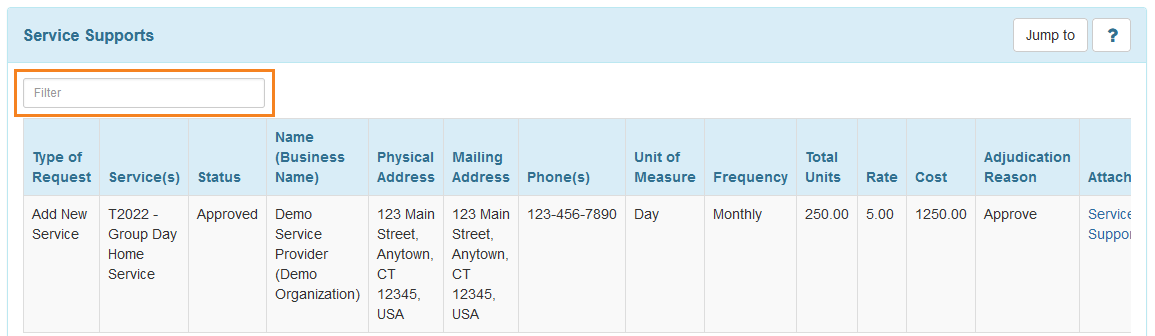 Screenshot of the Service Supports section with Filter field in Individual Plan