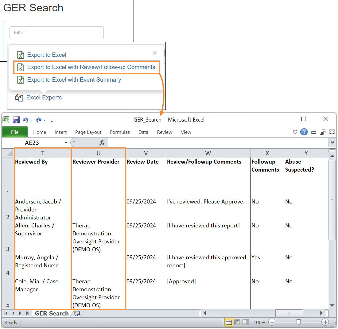 Screenshot showing the 'GER Search’ results Excel report