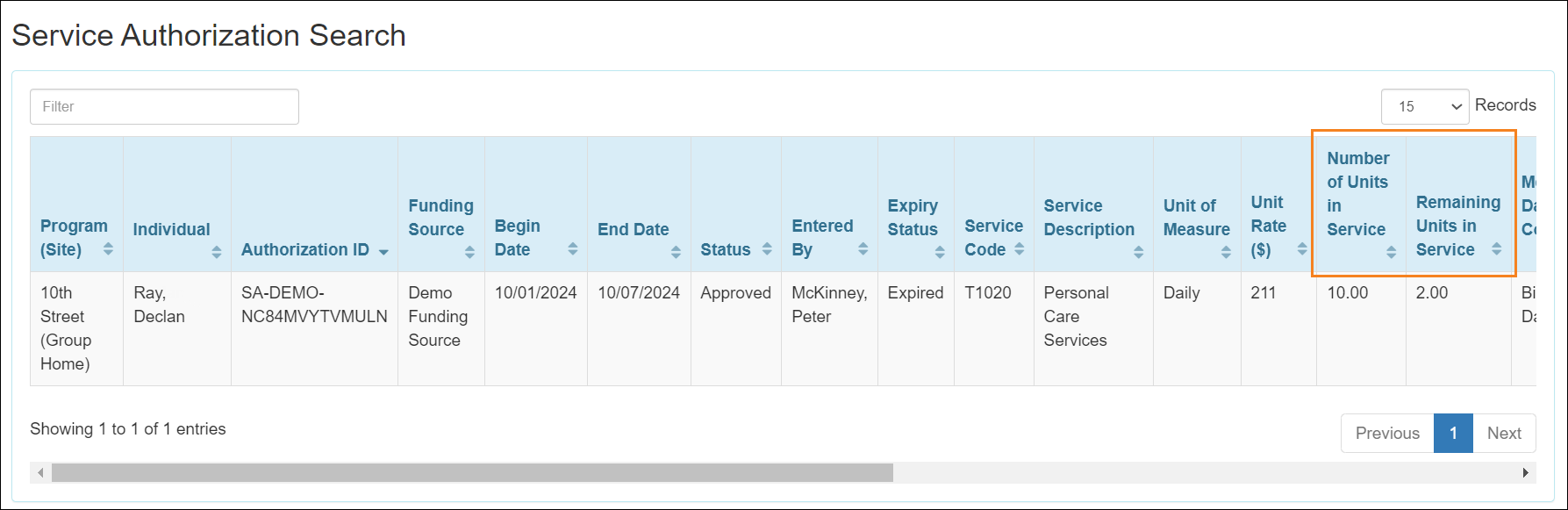 Screenshot of Service Authorization Search results page