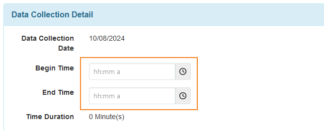 Screenshot showing the time pickers in an ISP Data Collection form