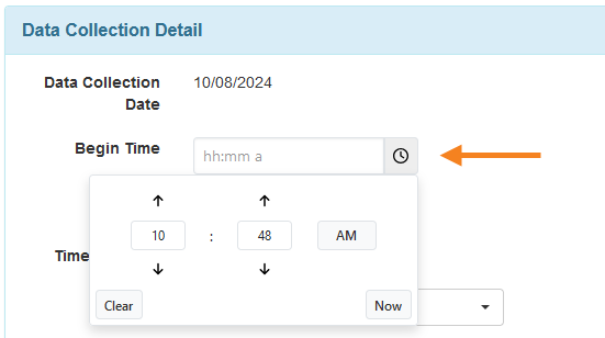 Screenshot showing the time picker of the Begin Time field in an ISP Data Collection form