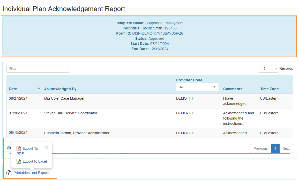 Screenshot showing the Individual Plan Acknowledgement Report