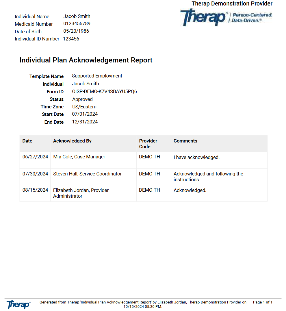 Screenshot showing the Individual Plan Acknowledgement Report PDF