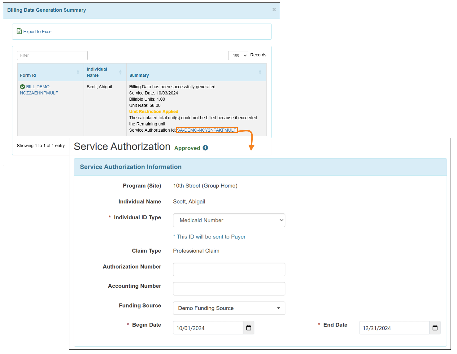 An image showing the form ID link of the Service Authorization.