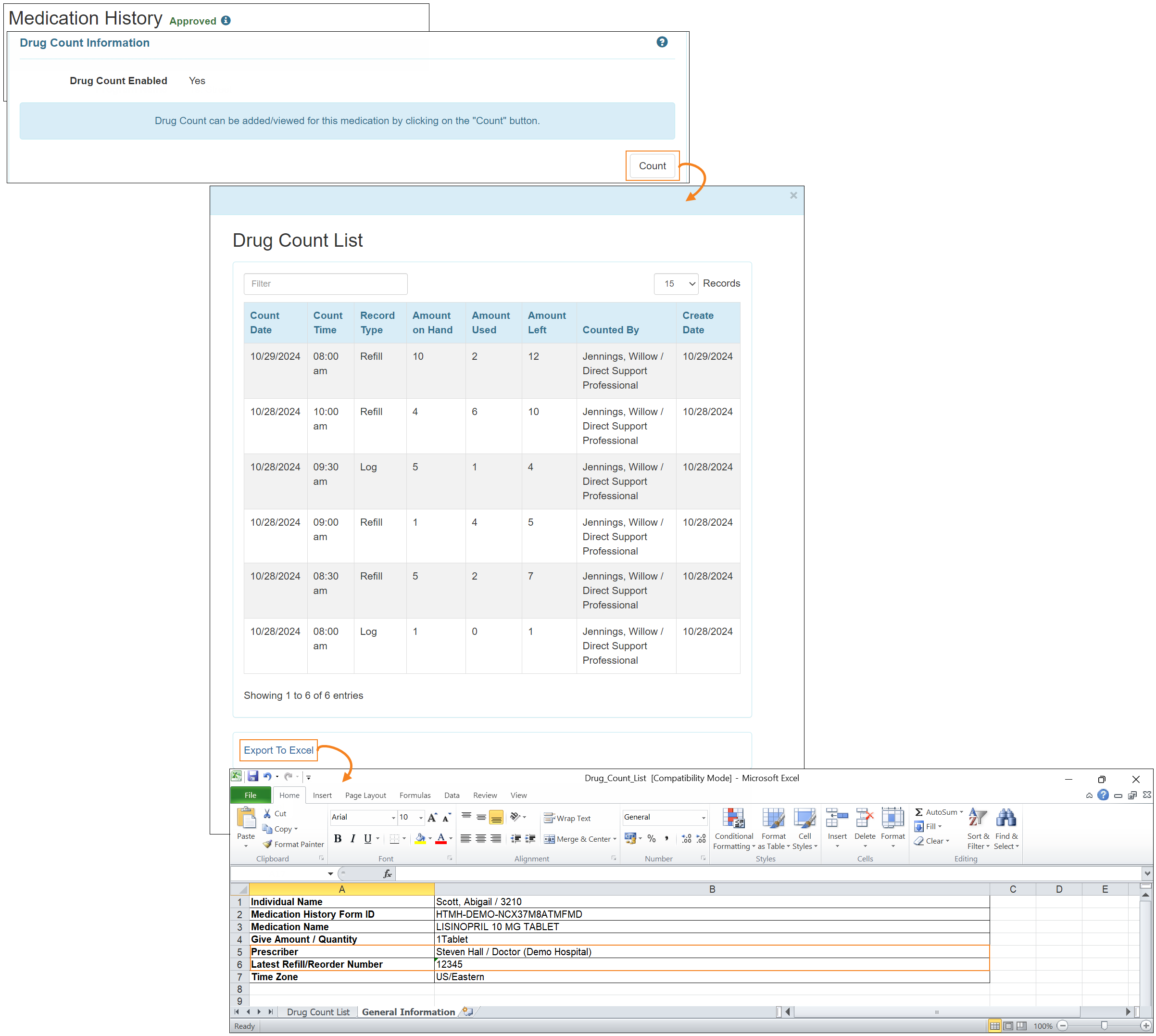 Screenshot showing the Prescriber and Latest Refill/Reorder Number fields in the Drug Count List Excel Report.
