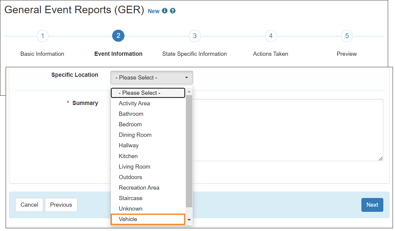Screenshot showing the Specific Location field.