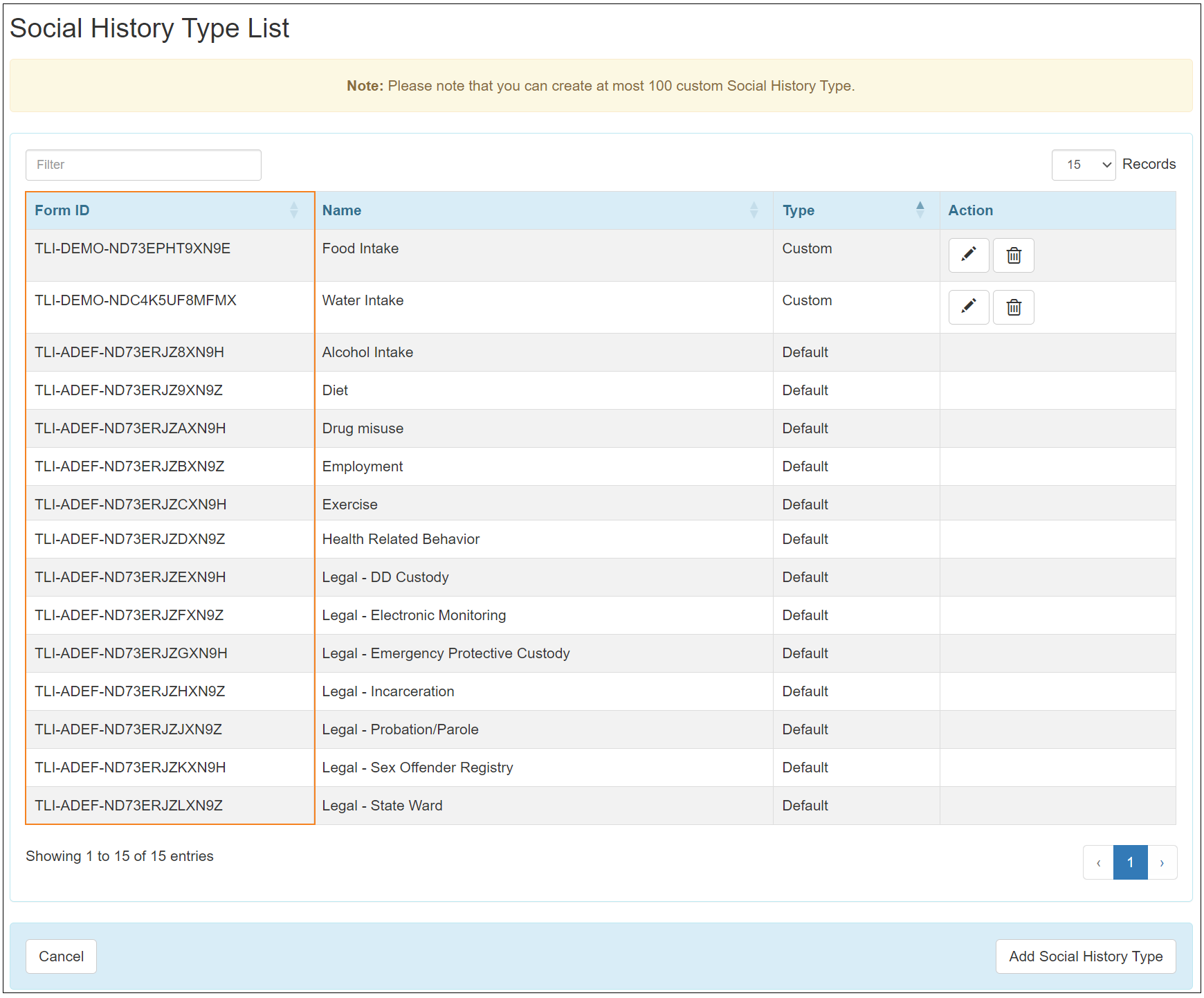 Screenshot showing the Form ID column for Social History Types.