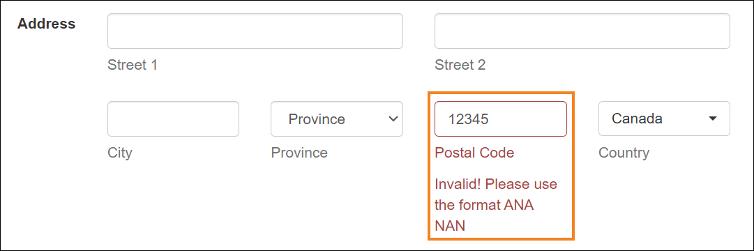 Screenshot showing the Postal Code field.