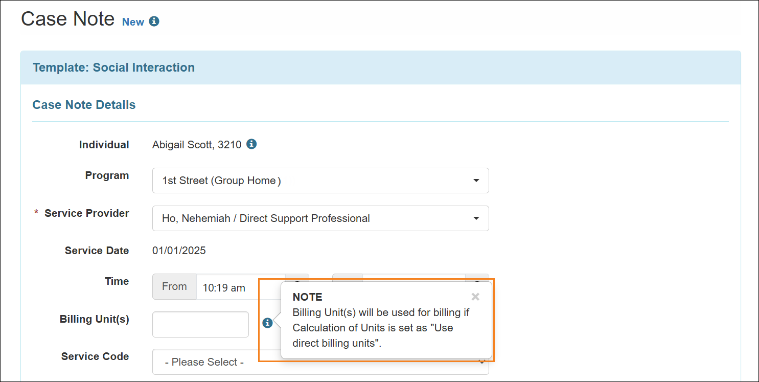 Screenshot showing the Note in the 'i' icon beside the Billing Unit(s) field in the Case Note.
