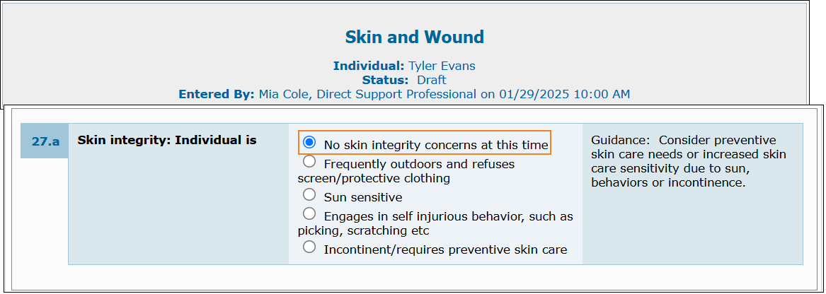 Screenshot of the Skin Integrity Individual is field on the Skin and Wound page highlighting the newly added option