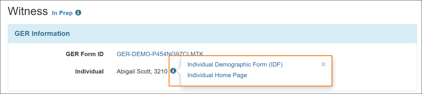 Screenshot showing the GER Information section of the Witness Form