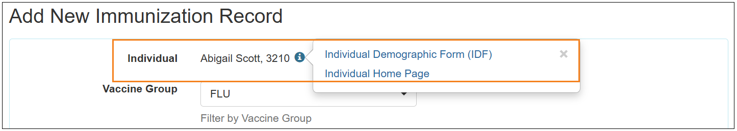 Screenshot showing the Individual field in the Add New Immunization Record form.