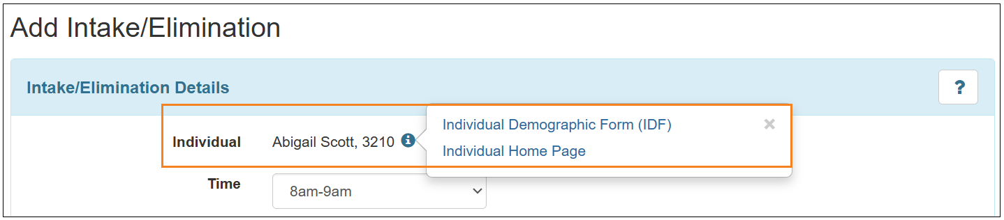 Screenshot showing the Individual field in the Add Intake/Elimination form.