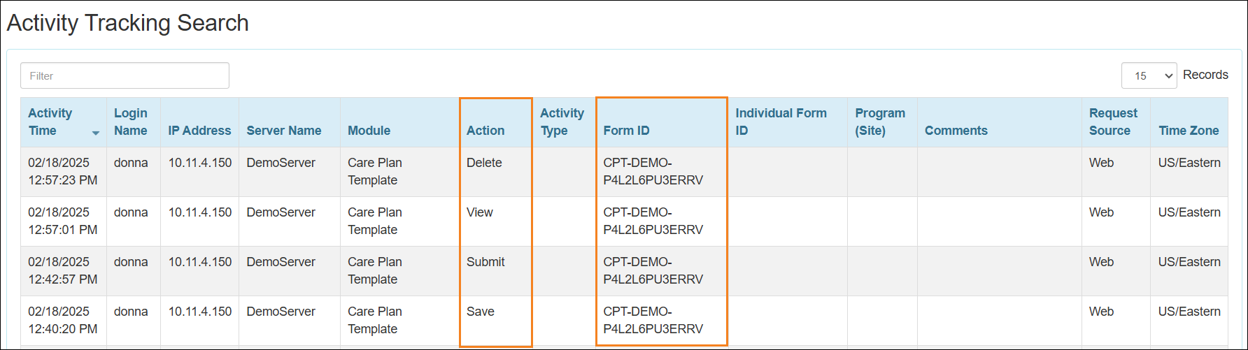 Screenshot showing the Activity Tracking page.