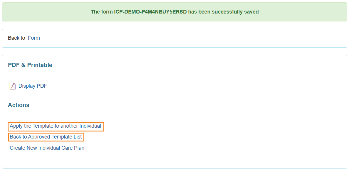 Screenshot showing the success message for saving Individual Care Plan.