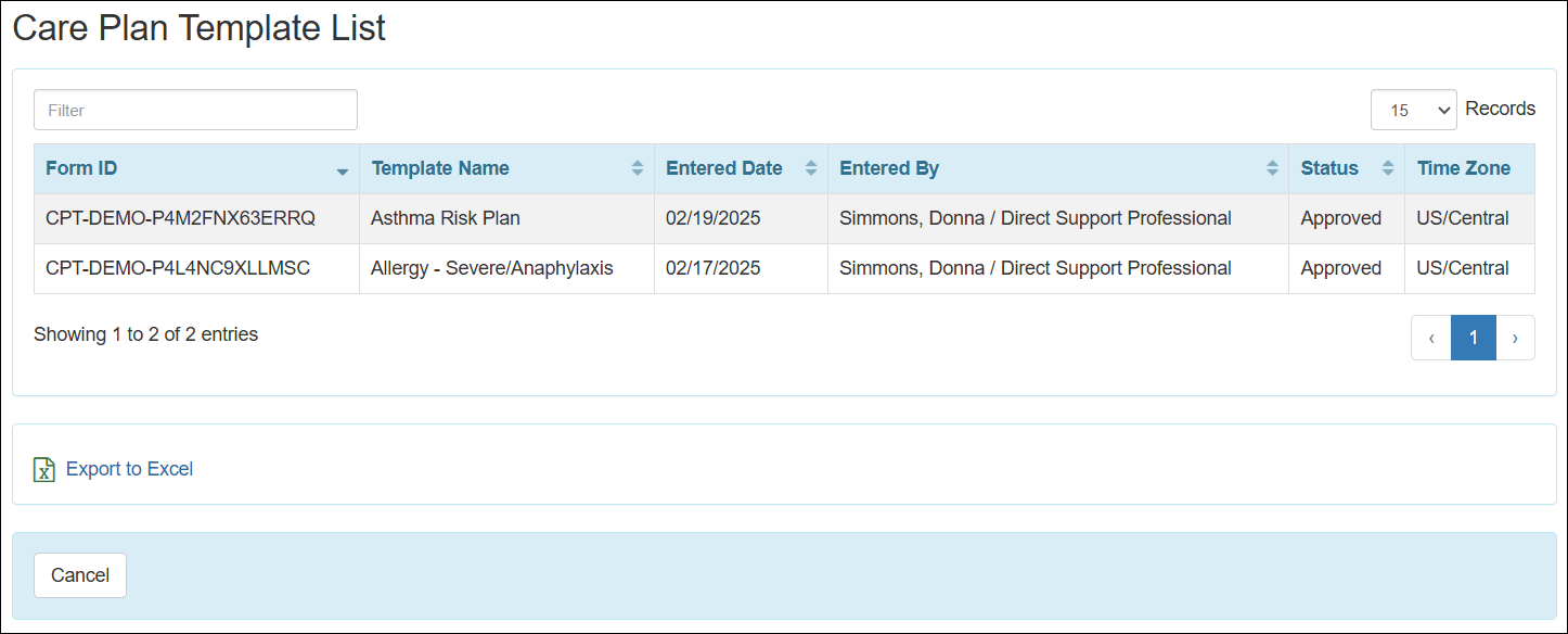 Screenshot showing the Care Plan Template List page.