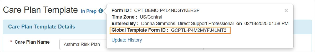 Screenshot showingw the Global Template Form ID field in 'i' icon.
