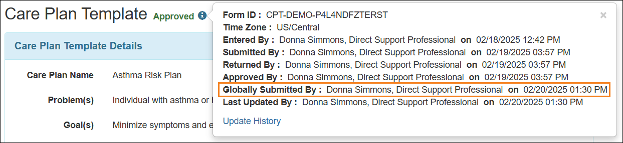 Screenshot showing the Globally Submitted By field in 'i' icon.