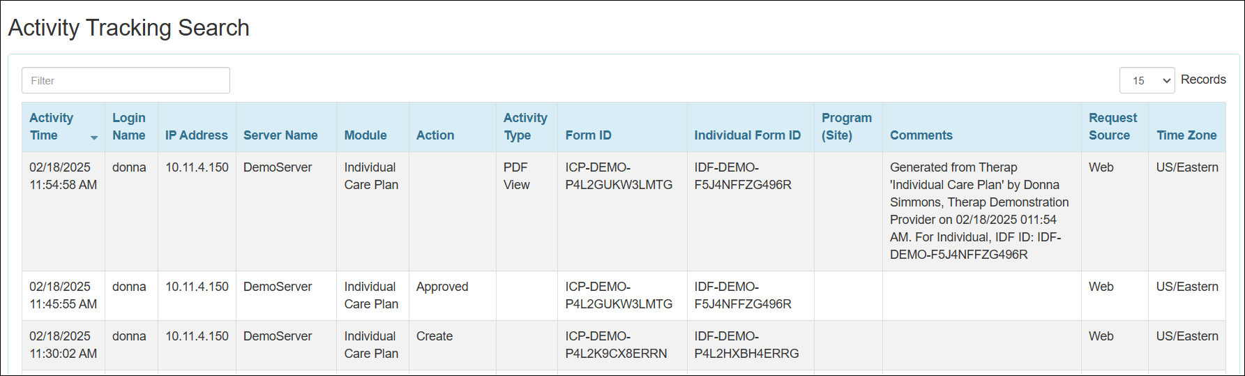 Screenshot showing the Activity Tracking page.
