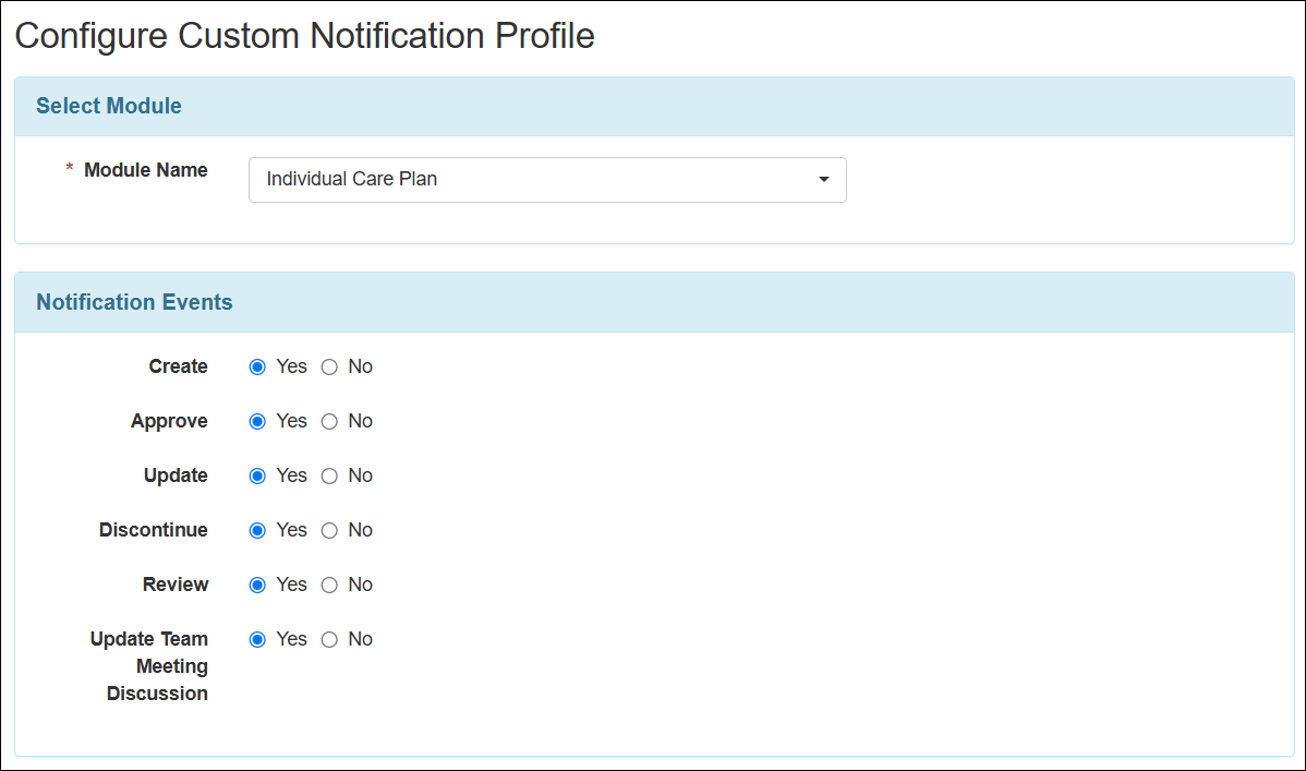 Screenshot showing the Configure Custom Notification Profile page for Individual Care Plan.