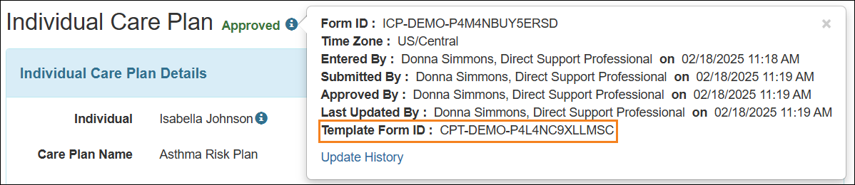 Screenshot showing the Template Form ID field in 'i' icon.