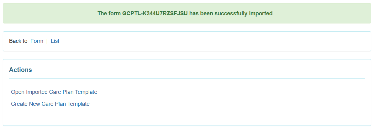Screenshot showing the Import success message page.