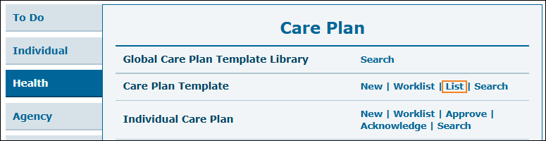 Screenshot showing the List link.