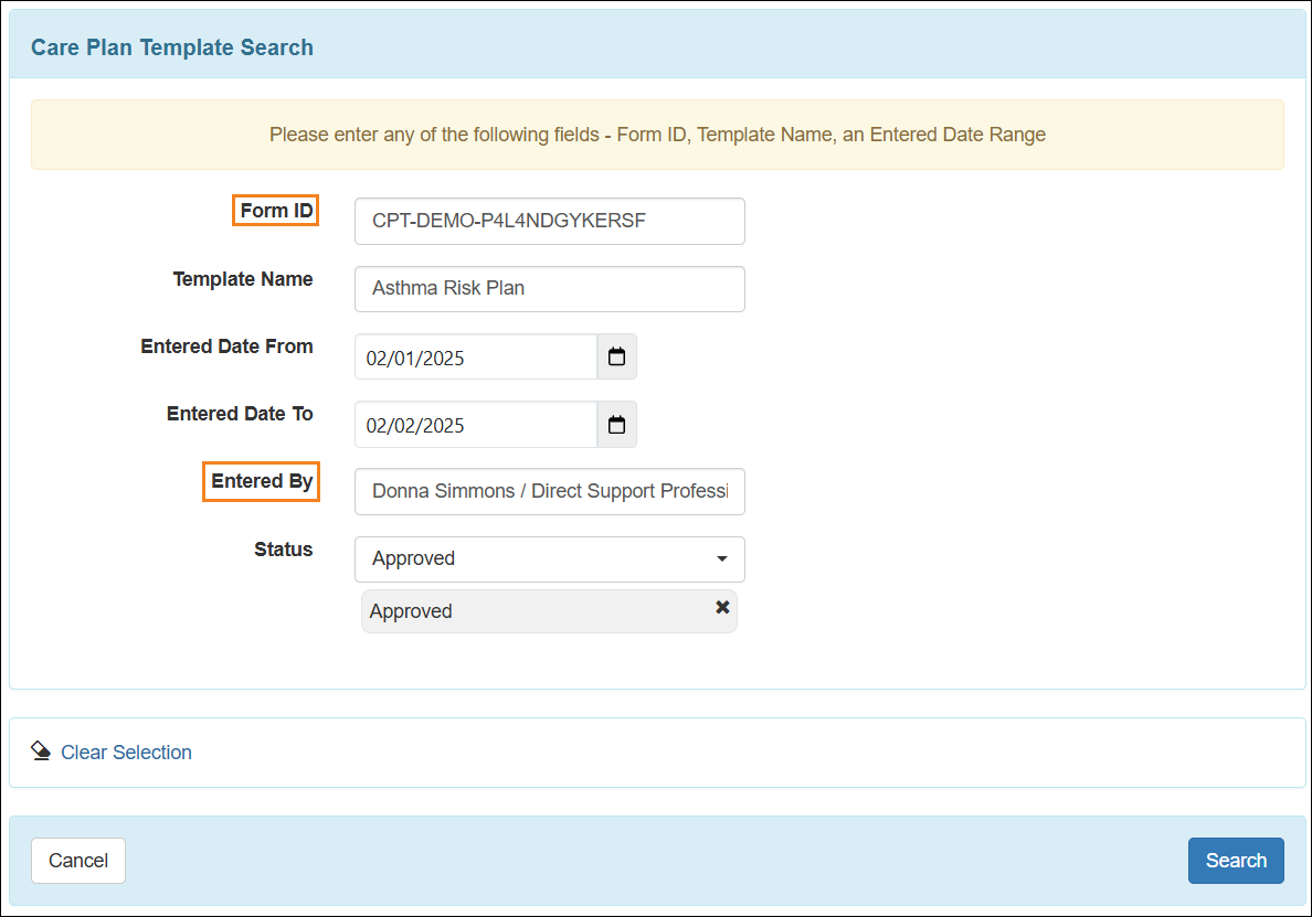 Screenshot showing the new fields in Care Plan Template Search page.