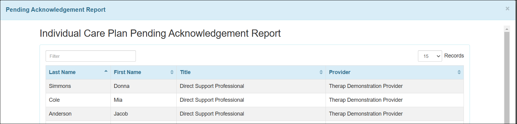 Screenshot showing the removed Time Zone column from Pending Acknowledgement Report.