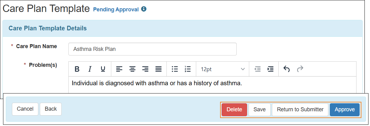 Screenshot showing the Delete, Save, Return to Submitter, and Approve buttons.
